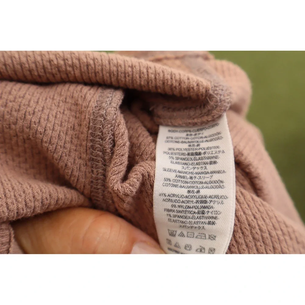 Free People Sunset Park Thermal Henley Mauve Brown Crochet‎ Cuff Women Top Small